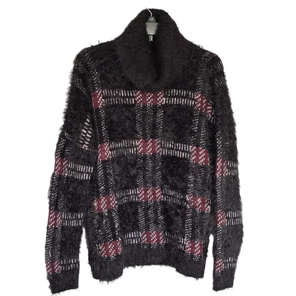 Sanctuary Women’s Fuzzy Black Red Plaid Turtleneck Sweater - Picture 1 of 4